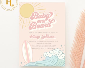 Girl Surf Baby Shower Invitation, Baby Girl Beach Baby Shower Invitation, Girl Baby on Board Baby Shower Invitation, Surf Board Invitation