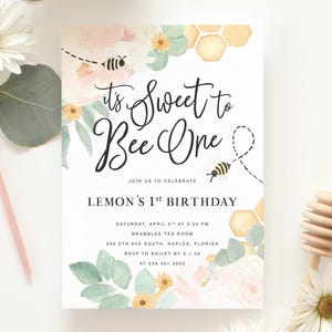 Bee 1st Birthday Invitation Girl, First Bee-Day Bee Birthday Invitation, Honey Bee Birthday Invite, Bee Invitation, Sweet to Bee One