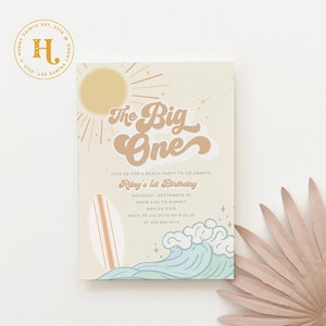 Surf Boy First Birthday Invite, The Big One Birthday Invitation, Boy's 1st Birthday Invite Digital File for Text, Email & Printing