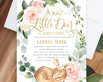 Woodland Baby Shower Invitation Girl, Deer Baby Shower Invitation, Girl Pink Deer Baby Shower Invite, Fawn Baby Shower - Deer