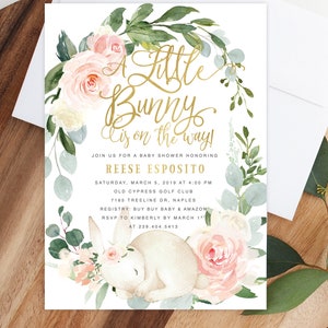 Bunny Baby Shower Invitation Girl, A Little Bunny is On the Way Invite, Girl Baby Shower Invite, Spring Baby Shower Invite - Gold Reese