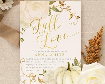 Custom Fall Bridal Shower Invitation: Fall in Love, Autumn Bridal Shower Invite Pumpkin, Gold & Roses - Fall 2 - Fall2BR01a