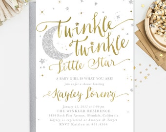 Twinkle Twinkle Little Star Baby Shower Invitation, Star Sprinkle Invitation, Girl Or Boy: White Gold & Silver Party, Invite - Star