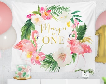 Flamingo Party Backdrop, Birthday Party Backdrop, Baby Shower Backdrop, Bridal Shower, Cake Table Backdrop, Tropical Photo Backdrop -Maya