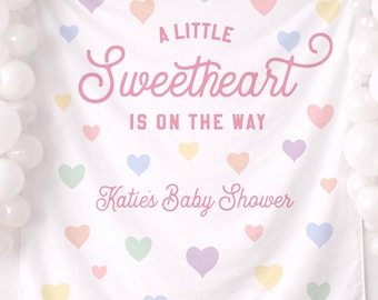 Girl Valentine Baby Shower Backdrop: Sweetheart Fabric Banner, Candy Hearts