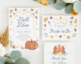 Printed Fall in Love Bridal Shower Invitation with Envelopes - Bow Pumpkin Invite Bridal Bundle