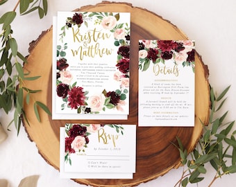 Custom Printed Wedding Invitations, Fall Wedding Invitations, Autumn Wedding Invites, Fall Wedding Invites & Envelopes, Kristen