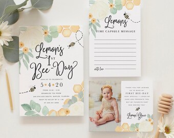 Bee 1st Birthday Invitation, First Bee-Day Bee Birthday Invitation, Honey Bee Birthday Invite, Bee Birthday Invitation, Neutral Bee Birthday