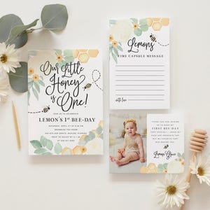 Bee 1st Birthday Invitation, First Bee-Day Bee Birthday Invitation, Honey Bee Birthday Invite, Bee Birthday Invitation, Neutral Bee Birthday imagen 1