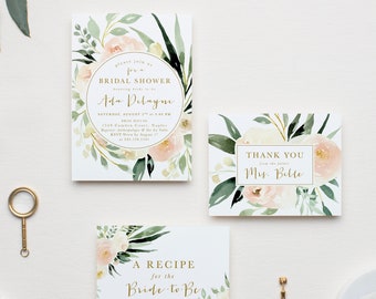 Blush Bridal Shower Invitations, Floral Bridal Shower Invitations, Blush & Greenery Bridal Shower Invites, Printed Bridal Shower Invitations