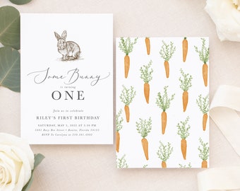 Some Bunny Is One Boy or Girl's First Birthday Invitation - Some Bunny 1st Birthday Invite - Neutral Bunny Birthday Invitation - Riley