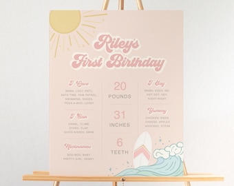 Girl Surf Milestone Birthday Sign: First Birthday Milestones with Surf Board Theme in a Printed or Digital Format