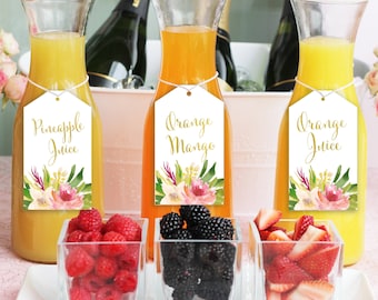 Mimosa Bar Juice Drink Tags - Mimosa Bar Labels for Bubbly Champagne Bars at Bridal Shower, Party, Tropical Pink Flowers & Greenery, Kaitlin