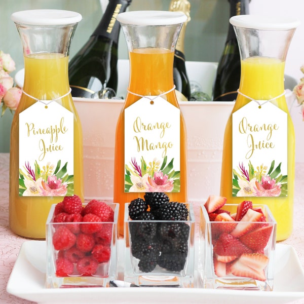 Mimosa Bar Juice Drink Tags - Mimosa Bar Labels for Bubbly Champagne Bars at Bridal Shower, Party, Tropical Pink Flowers & Greenery, Kaitlin