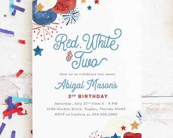 Red, White & Two, 2nd Birthday Invitation, 4th of July Birthday Invite, Boy or Girl Patriotic Birthday, 4th of July Birthday Party - Glory
