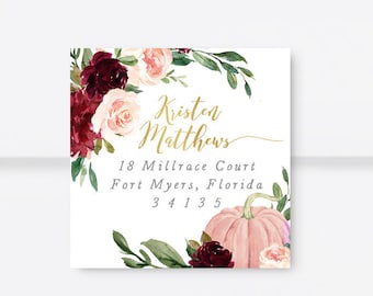 Fall Return Address Labels, Address Sticker, Navy, Burgundy, Blush Pink, Pumpkins, Square or Circle - Printed / Printable - KR-P, Kristen