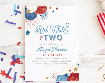 Red, White & Two, 2nd Birthday Invitation, 4th of July Birthday Invite,  Boy or Girl Patriotic Birthday, 4th of July Birthday Party - Glory