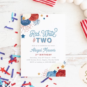 Red, White & Two, 2nd Birthday Invitation, 4th of July Birthday Invite,  Boy or Girl Patriotic Birthday, 4th of July Birthday Party - Glory