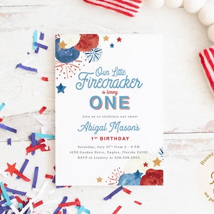 Our Little Firecracker is One Invitation, 4th of July 1st Birthday Invite,  Boy or Girl Patriotic First Birthday, 4th of July Party - Glory
