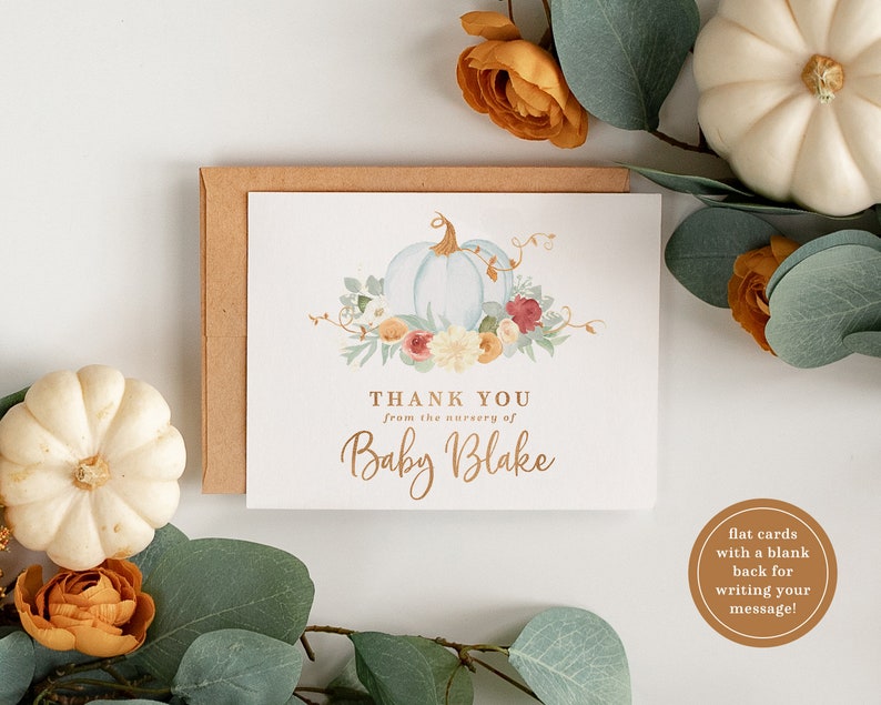 May include: A white card with a watercolor illustration of two blue pumpkins with fall foliage and the text "THANK YOU from the nursery of Baby Blake".