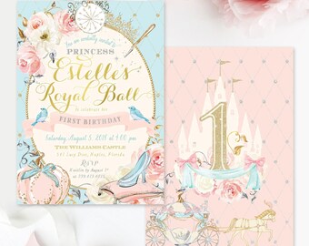 Cinderella First Birthday Invitation - Princess 1st Birthday Party Printed Invites with Envelopes | Invitation Printing or Digital
