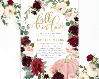 Fall In Love Bridal Shower Invitation, Fall Bridal Shower Invite, Burgundy and Blush Bridal Shower Invite, Pumpkin Bridal Invite - Kristen
