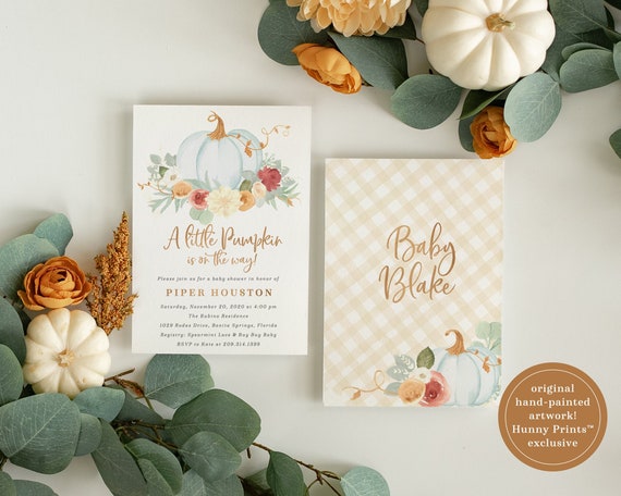 Fall Baby Shower Invitation Template, A Little Pumpkin is On the Way Invite, Blue Pumpkin Baby Shower Invite- Piper - Piper2BB01blue