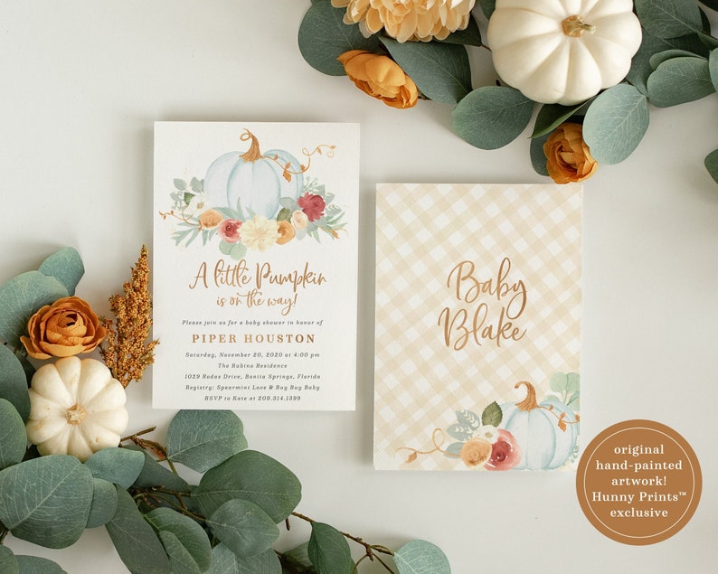 May include: A baby shower invitation with a watercolor illustration of a white pumpkin with fall flowers. The invitation reads "A little Pumpkin is on the way!" and includes the name "Piper Houston".