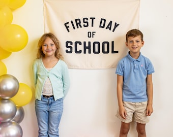 First Day School Banner - Easy to Hang for First Day of School Photos or Party Backdrops - Natural and Black