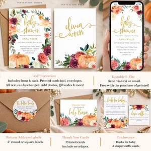 May include: A baby shower invitation set featuring floral watercolor accents in burgundy, orange, and white with gold script text. Includes a 5x7 inch invitation, return address labels, thank you cards, and enclosure cards for books and diaper raffles.