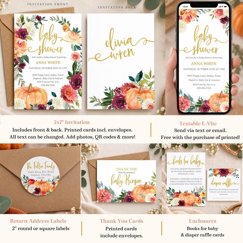 May include: A baby shower invitation set featuring floral watercolor accents in burgundy, orange, and white with gold script text. Includes a 5x7 inch invitation, return address labels, thank you cards, and enclosure cards for books and diaper raffles.
