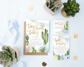 May include: A baby shower invitation set featuring a large card with the text Taco Bout a Baby, a diaper raffle card, and a books for baby card. The stationery features watercolor illustrations of green cacti, succulents, and gold script lettering.