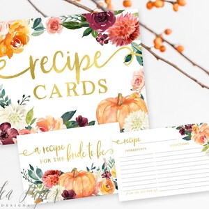 Fall Recipe for The Bride To Be Card, Fall Bridal Shower Recipe Cards and Sign, Fall Flowers & Orange Pumpkins, Download Printable - Fall 7