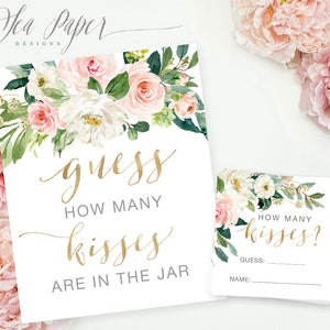 Raad eens hoeveel kussen? Zijn in de pot spel & kaarten, afdrukbare bruids/baby shower spel, roze witte bloemen-INSTANT DOWNLOAD-Charlotte
