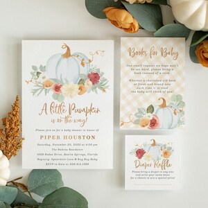 May include: A baby shower invitation with a watercolor illustration of a pumpkin and flowers. The invitation reads "A little Pumpkin is on the way!" and includes the name Piper Houston, the date and time of the shower, and the address. There are also two smaller cards, one for a book request and one for a diaper raffle.