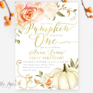 Fall Birthday Invitation, Our Little Pumpkin is Turning One, First Birthday Invite, Pumpkin Patch Birthday Party, Any Age Orange, Fall 3 image 1