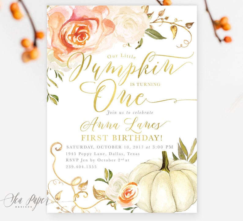 Fall Birthday Invitation, Our Little Pumpkin is Turning One, First Birthday Invite, Pumpkin Patch Birthday Party, Any Age Orange, Fall 3 image 1