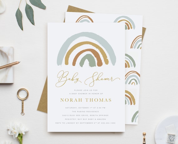 Boho Rainbow Baby Shower Invitation, Earthy Rainbow Baby Invitation, Muted Earth Tone Rainbow Baby Shower Invitation, Neutral Baby Shower Il_570xn
