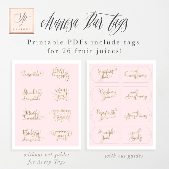 Editable Mimosa Bar Juice Drink Tags Labels for Bubbly Champagne Bars at  Bridal Shower, Wedding Party Blush Pink & Gold Glitter Ava 