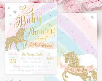 May include: A rectangular baby shower invitation card featuring a gold glitter unicorn, pastel rainbow background, and silver stars. Text includes Baby Shower in honor of Leah Morgan, The Pierson Castle, August 23, 3:30 pm, and registry details.