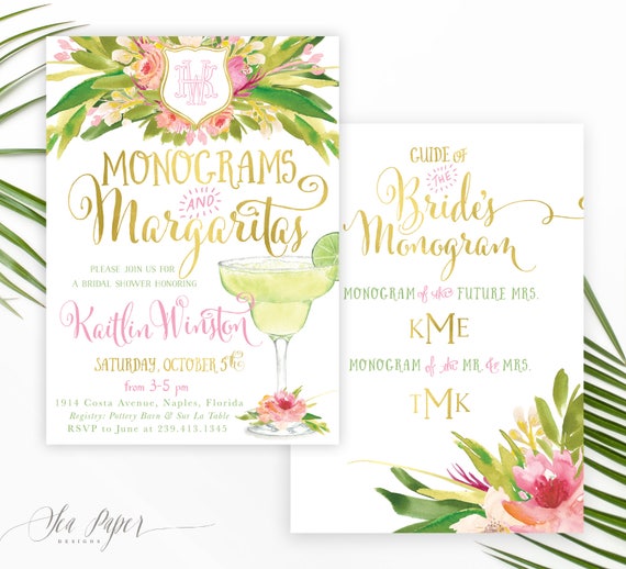 Monograms & Margaritas Bridal Shower Invitation: Monogram Bridal Shower Invite, Tropical Floral Margaritas, Digital Or Printed - Kaitlin Il_570xn
