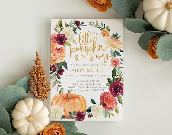 A little Pumpkin is on Its Way Invitations | Fall Baby Shower Printed Invites and Envelopes - Fall 7 | Invitation Printing or Digital