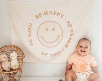 Be Happy Smiley Face Easy Hang Banner™ for Boy's Rooms, Brother's Rooms & Playrooms - Boy's Room Wall Decor, Boy's Playroom Art - Neutral