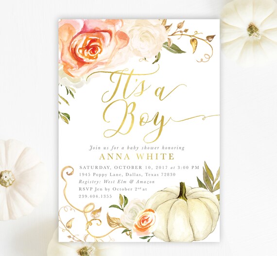 Fall Boy Baby Shower Invitation, Boy Pumpkin Baby Shower Invite, It's a Boy Invitation, Autumn Orange Roses, Printed / Printable - Fall 3 Il_570xn