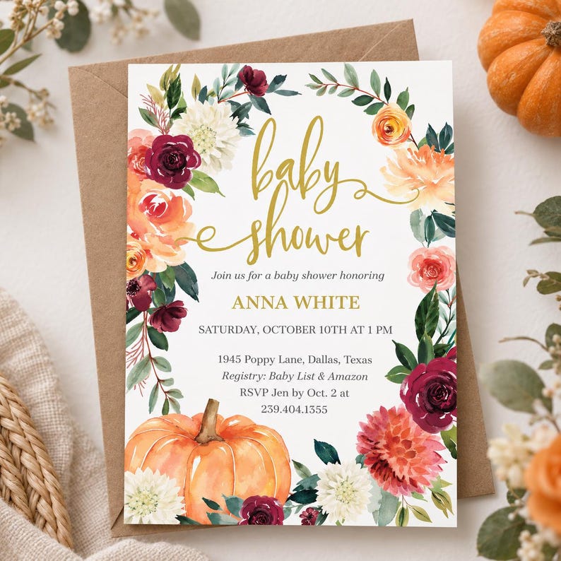 May include: A rectangular baby shower invitation card featuring a floral wreath of burgundy, orange, and white flowers with a large orange pumpkin at the bottom. The text reads: baby shower, Join us for a baby shower honoring ANNA WHITE, SATURDAY, OCTOBER 10TH AT 1 PM, 1945 Poppy Lane, Dallas, Texas, Registry: Baby List & Amazon, RSVP Jen by Oct. 2 at 239.404.1355.