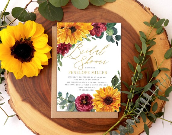 Printed Sunflower Bridal Shower Invitation, Fall Bridal Shower Invitation,  Autumn Bridal Invitation -  Fall 14