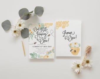 Bee 1st Birthday Invitation - First Bee-Day Party Printed Invites with Envelopes | Invitation Printing or Digital