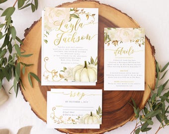 PRINTED Fall Wedding Invitations, Pumpkin Wedding Invites with Euro Envelopes, RSVP & Details Cards- Fall 2
