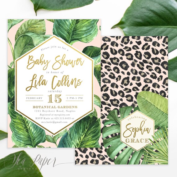 Glam Safari, Jungle Baby Shower Invitation, Tropical Leaves, Cheetah / Leopard Print, Gold Modern Blush Pink Party Invite - Lila Il_570xn