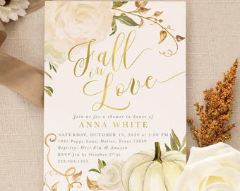 PRINTED Fall Bridal Shower Invitation: Fall in Love Pumpkin Invite with Envelopes - Fall 2